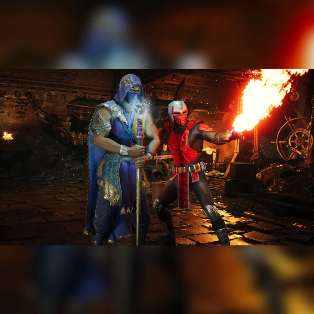 Videojogo Warner Bros Mortal Kombat 1 Standard Edition PS5, em uso: dois lutadores, um azul com cajado e outro vermelho