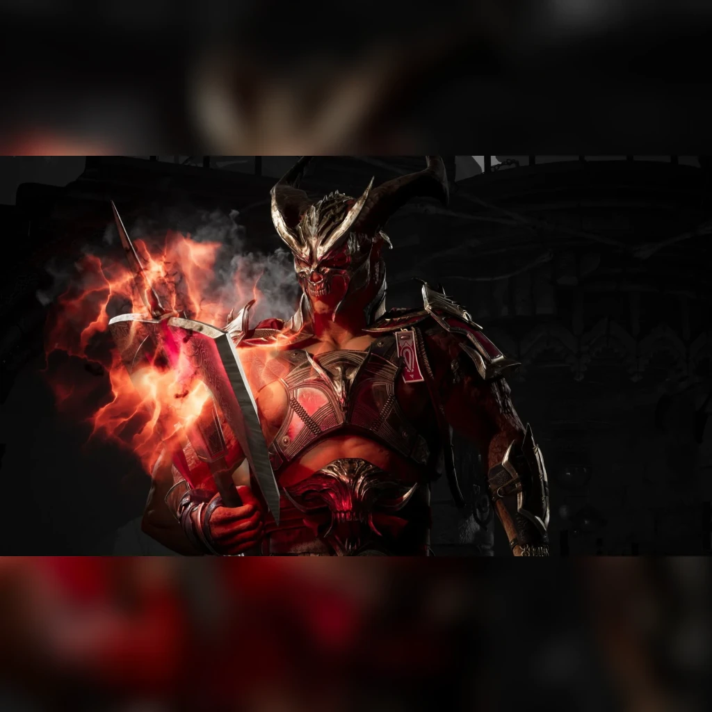 Videojogo Warner Bros Mortal Kombat 1 Standard Edition PS5, em uso: Shao Kahn com armadura vermelha e espada em chamas