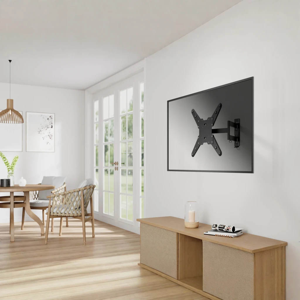 Support TV Fonestar Noir Mural Articulé 180° 23 pouces-55 pouces STV-683N, en situation: bras articulé noir fixé au mur d'un