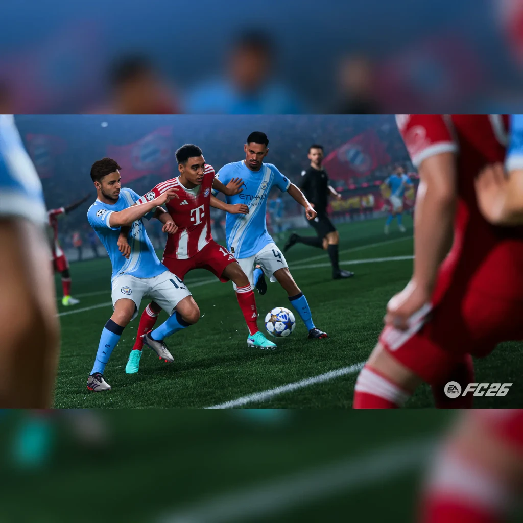 Videojuego Electronic Arts EA Sports FC 26 Standard Xbox Series X/S, en uso: jugador de Bayern rodeado por rivales del City
