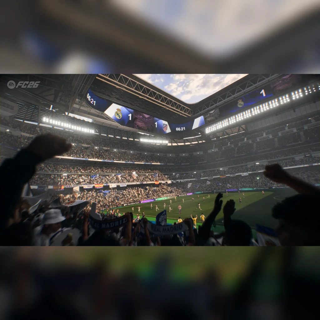 Videojuego Electronic Arts EA Sports FC 26 Standard Xbox Series X/S, en uso: estadio Real Madrid vs Atlético, marcador 1-1