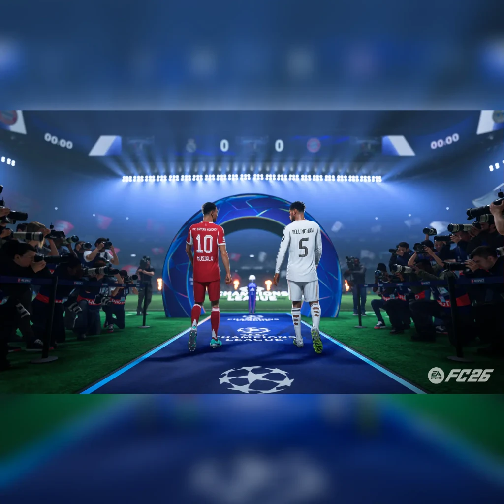 Videojuego Electronic Arts EA Sports FC 26 Standard Xbox Series X/S, en uso: Musiala y Bellingham caminan hacia el trofeo