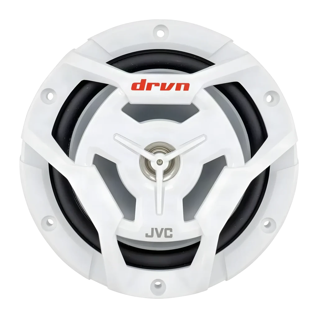 Altavoces marinos JVC 50W RMS 2 vías coaxiales 16 cm Blanco CS-DR6201MW, detalle frontal: rejilla blanca con logos drvn
