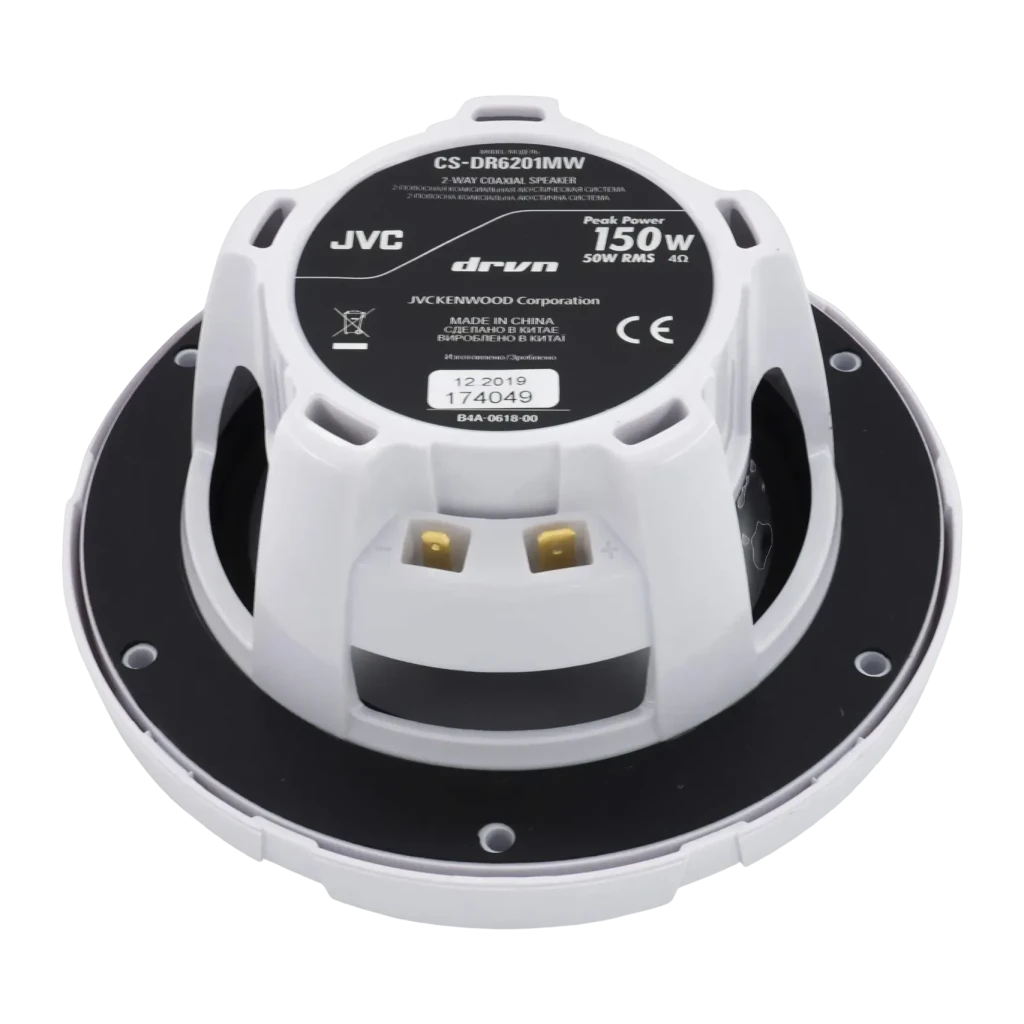 Altavoces marinos JVC 50W RMS 2 vías coaxiales 16 cm Blanco CS-DR6201MW, vista trasera: etiqueta técnica, terminales dorados