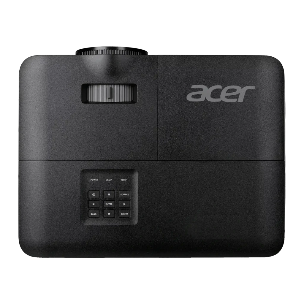 Proyector Acer WXGA 1280×800 4500 Lúmenes ANSI DLP Negro X1328, detalle: vista superior con panel de botones y logo Acer