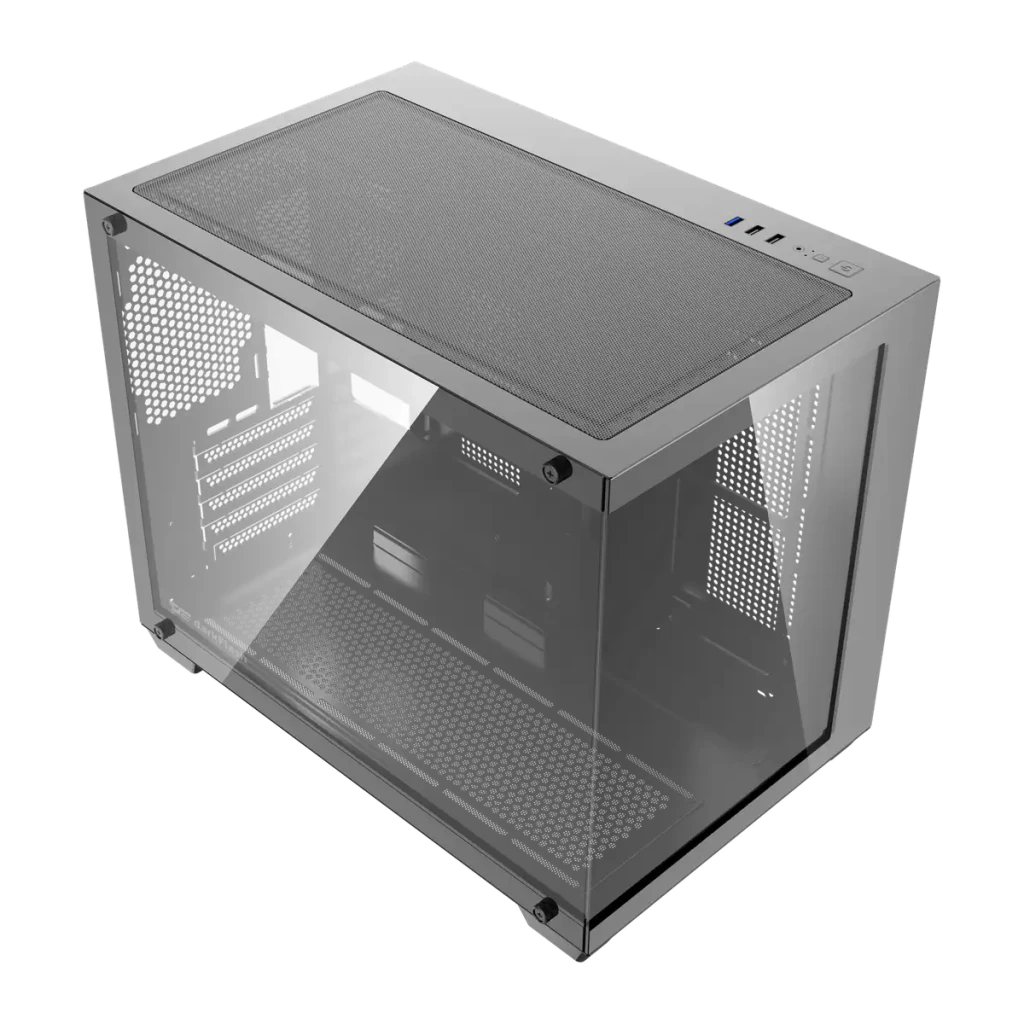 Caja PC DarkFlash B275 Cristal Templado 270° M-ATX / ITX 355x275x354mm Negro, detalle: vista isométrica superior con panel