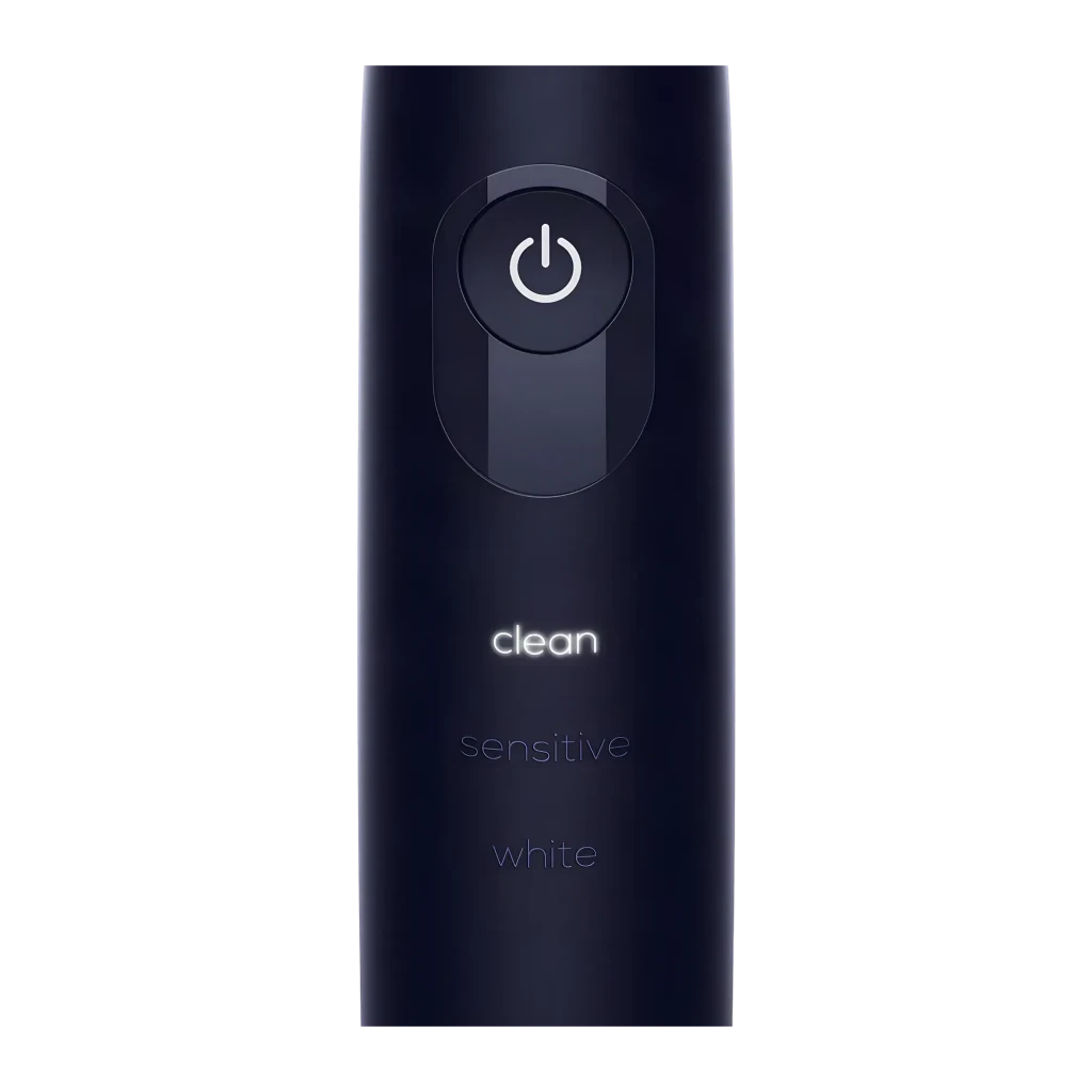 Escova Elétrica Beurer TB 50 Oscilante-pulsante 45 dias Preto, detalhe: botão de energia e modos clean, sensitive e white