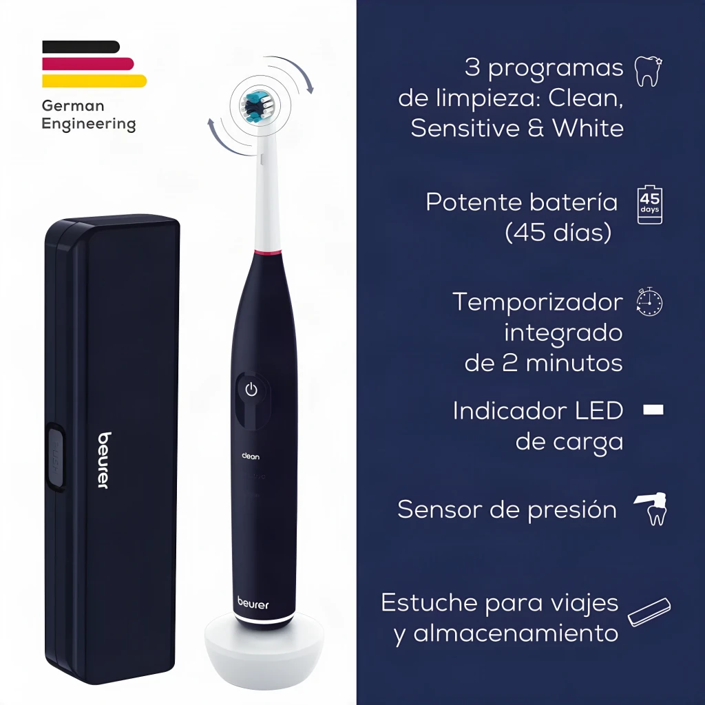 Escova Elétrica Beurer TB 50 Oscilante-pulsante 45 dias Preto, infografia: escova com estojo de viagem e características