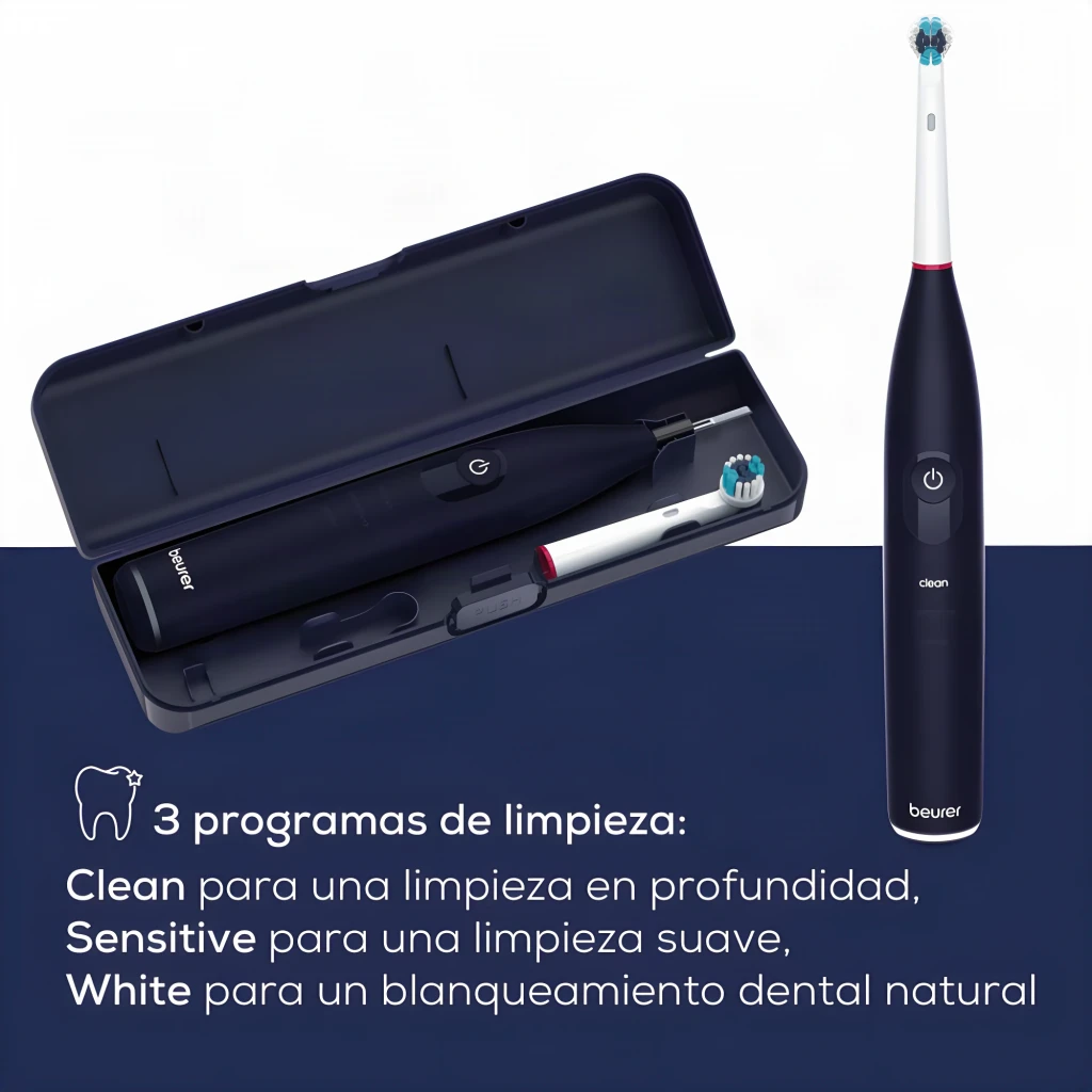 Escova Elétrica Beurer TB 50 Oscilante-pulsante 45 dias Preto, estojo aberto com cabeça extra e escova na vertical com 3