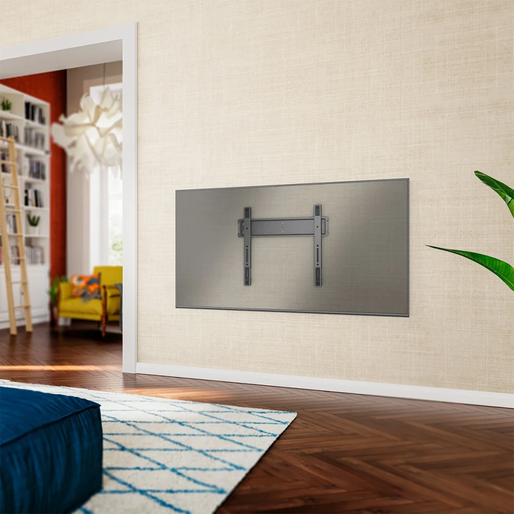 Soporte TV Vogel's Elite TVM 5505 Negro Fijo 32-77 pulgadas VESA 400x400, en uso: soporte montado en pared de salón con TV