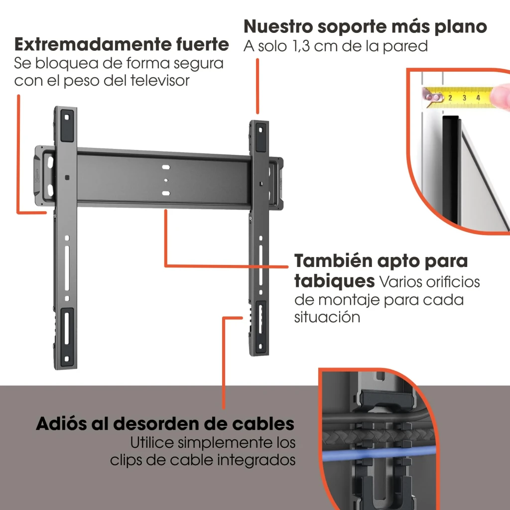 Soporte TV Vogel's Elite TVM 5505 Negro Fijo 32-77 pulgadas VESA 400x400, infografía: perfil plano 1,3 cm, clips de cable