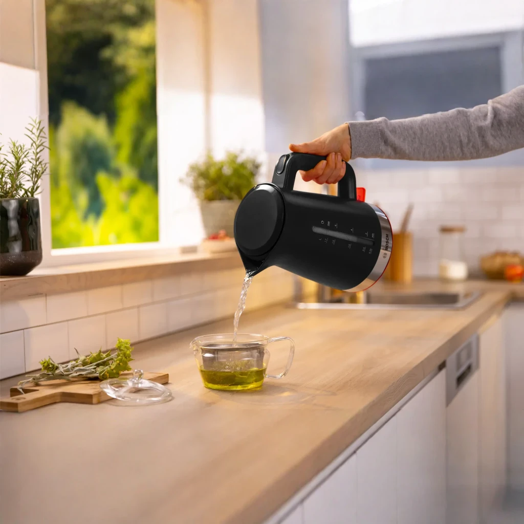 Chaleira elétrica Bosch 1,7L 2400W Preto TWK4M223, em uso: mão a verter água quente em chávena de chá sobre bancada