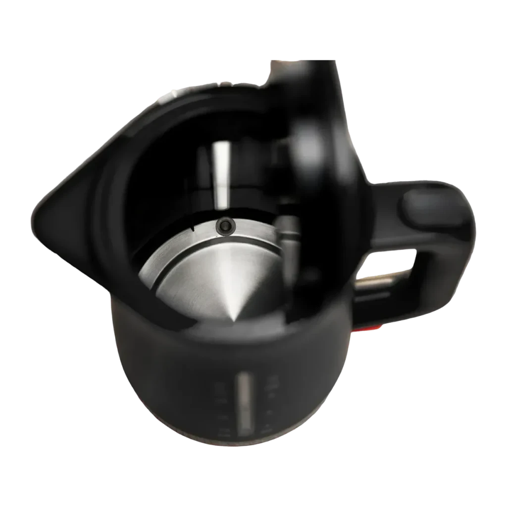 Chaleira elétrica Bosch 1,7L 2400W Preto TWK4M223, detalhe: vista superior com tampa aberta e resistência em aço inoxidável