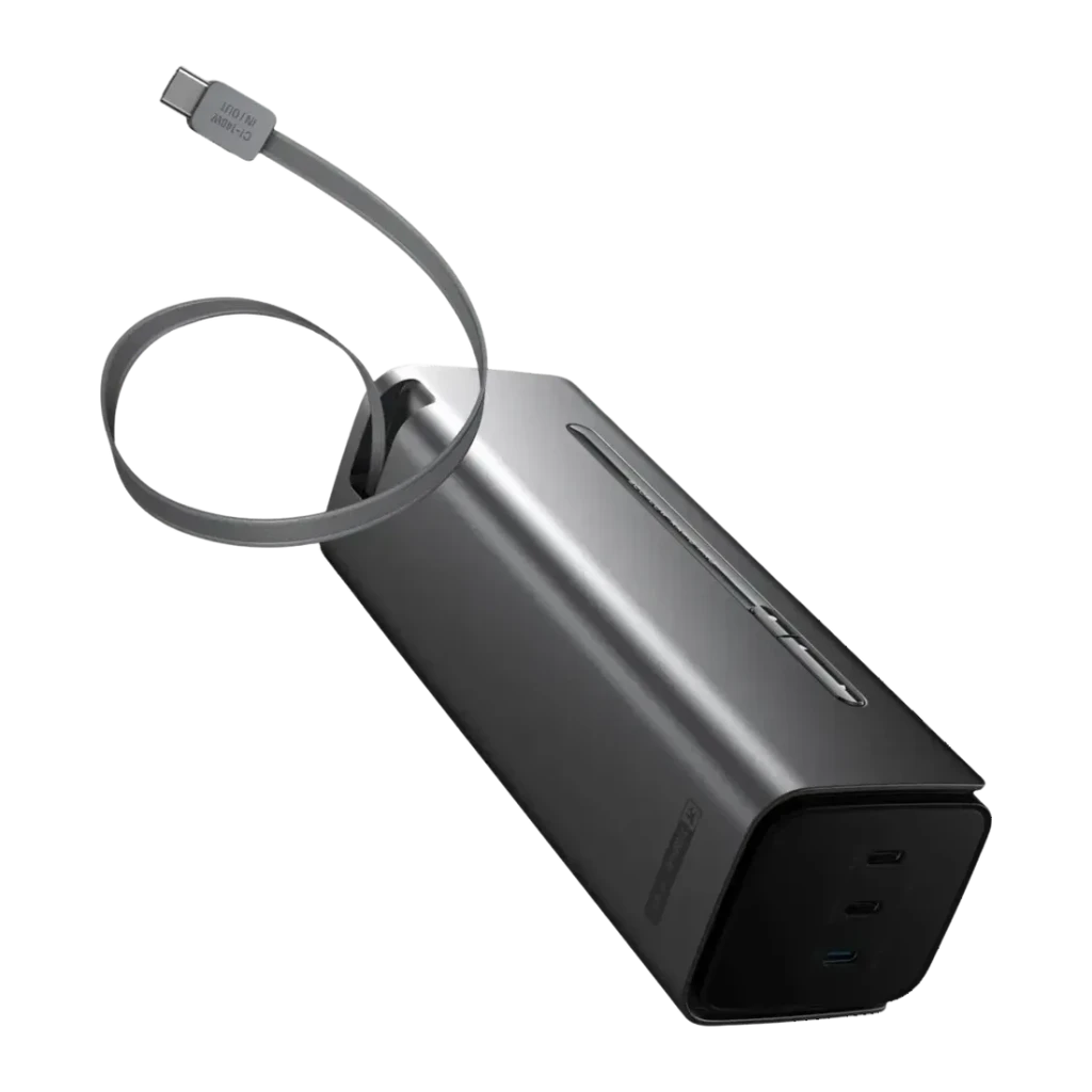 Power Bank EcoFlow RAPID Pro 20000mAh 230W Negro Cable USB-C 100W integrado, vista trasera: carcasa gris con cable USB-C