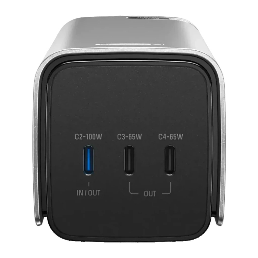 Power Bank EcoFlow RAPID Pro 20000mAh 230W Negro Cable USB-C 100W integrado, detalle: puertos USB-C C2-100W IN/OUT, C3-65W