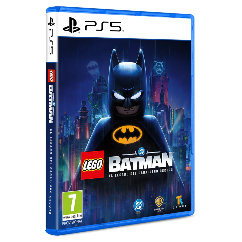 Videojogo LEGO Batman: O Legado do Cavaleiro das Trevas Standard PS5, vista frontal: caixa PS5 com figura LEGO Batman ante