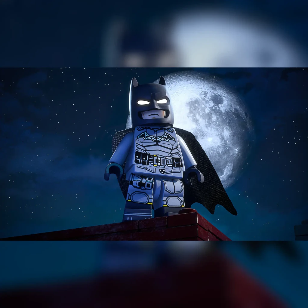 Videojogo LEGO Batman: O Legado do Cavaleiro das Trevas Standard PS5, em uso: minifigura de Batman num telhado com lua cheia