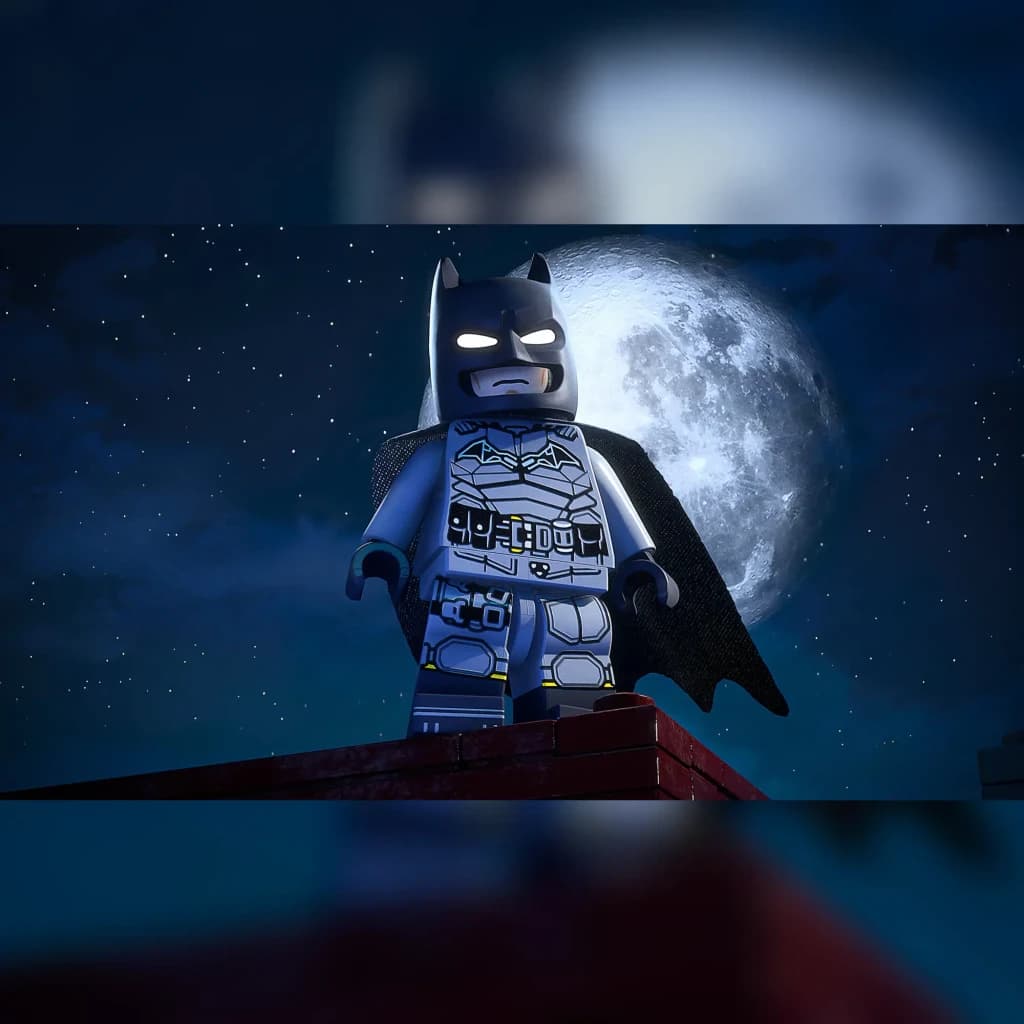Videojogo LEGO Batman: O Legado do Cavaleiro das Trevas Standard PS5, em uso: minifigura de Batman num telhado com lua cheia