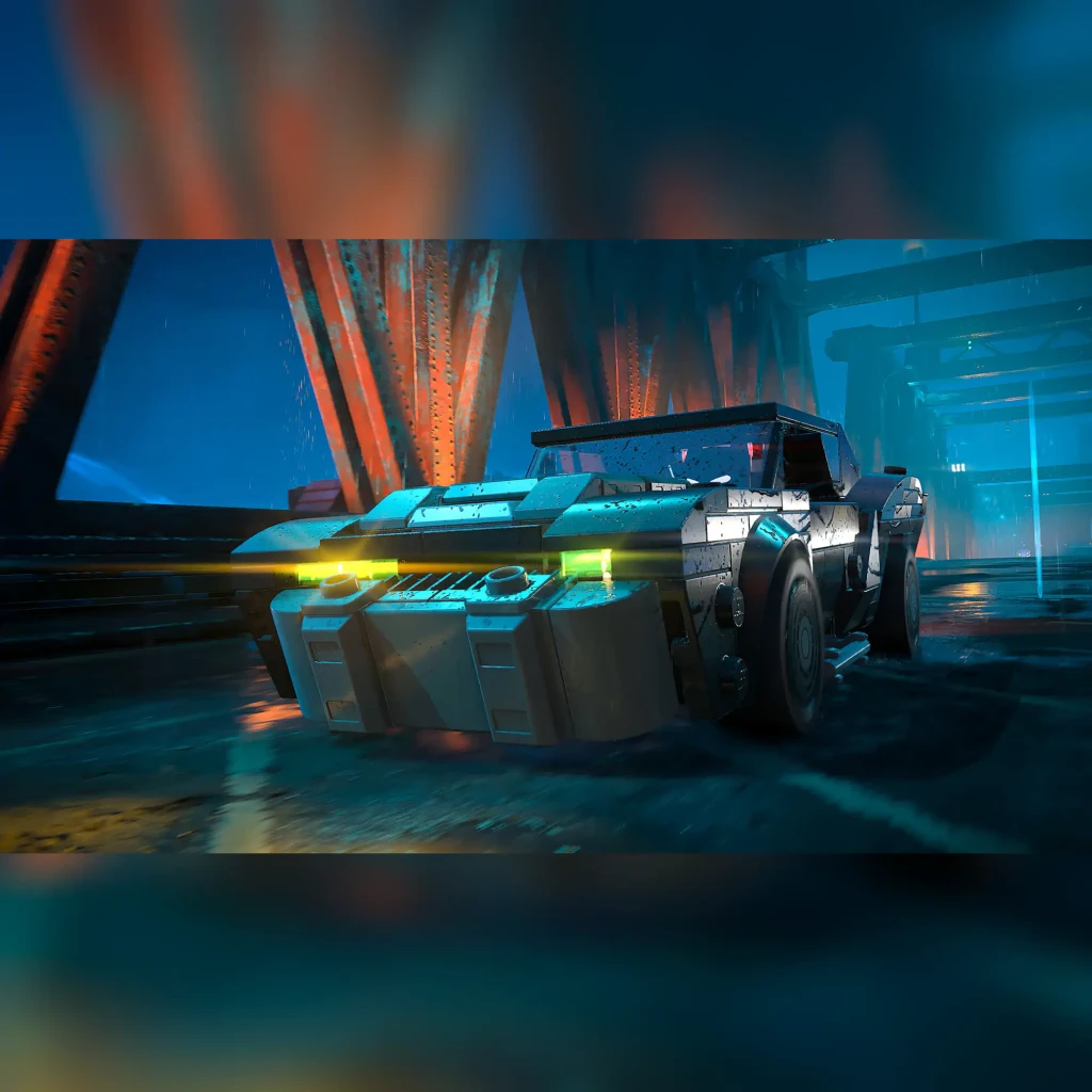 Videojogo LEGO Batman: O Legado do Cavaleiro das Trevas Standard PS5, em uso: Batmóvel LEGO com luzes verdes em cena urbana