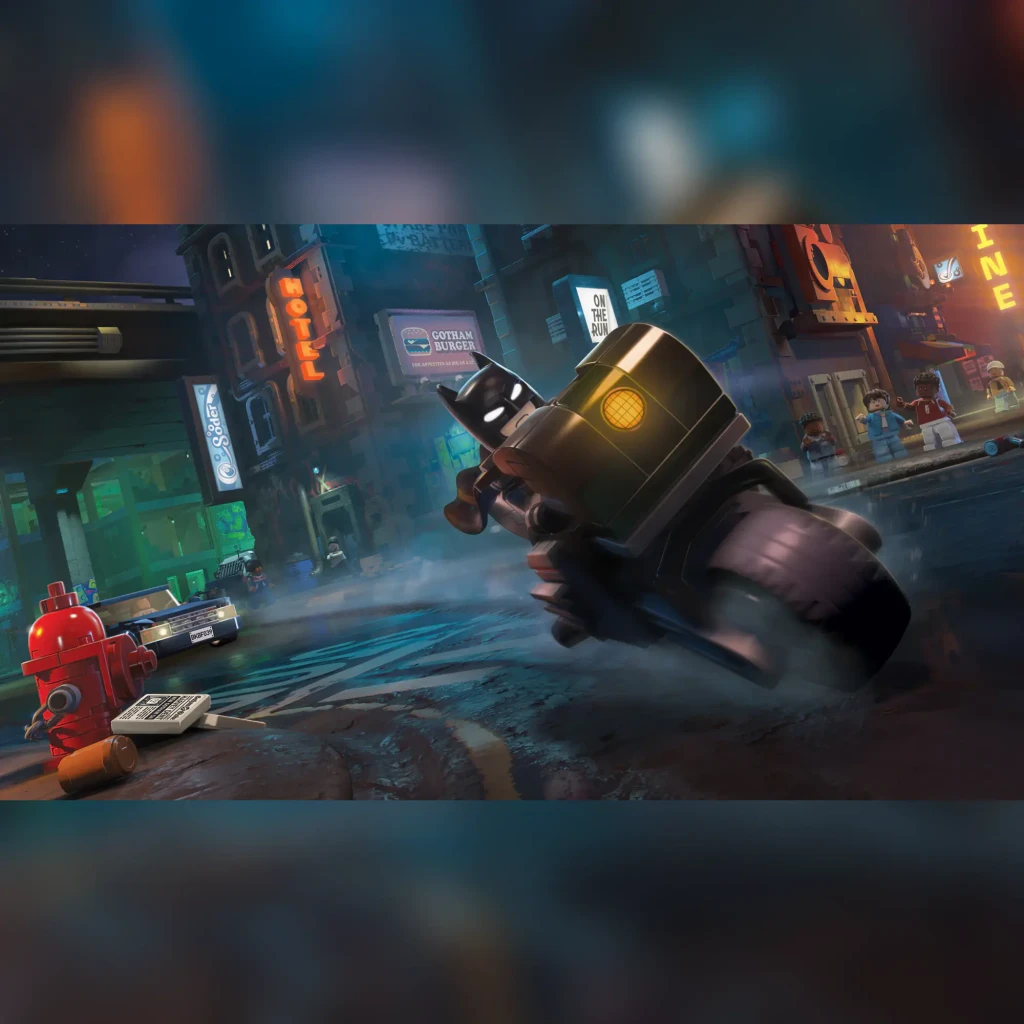 Videojogo LEGO Batman: O Legado do Cavaleiro das Trevas Standard PS5, em uso: Batman em moto pelas ruas noturnas de Gotham