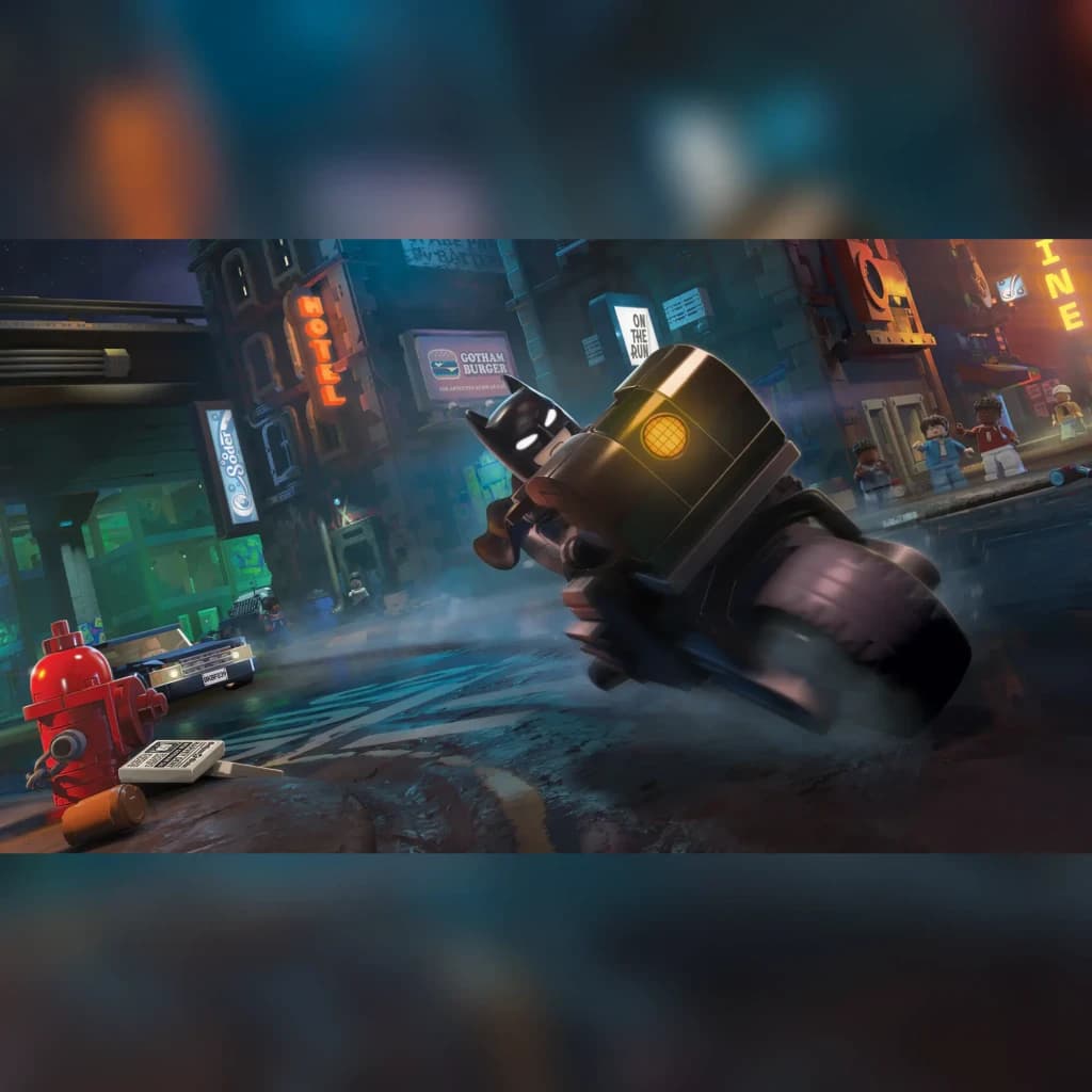 Videojogo LEGO Batman: O Legado do Cavaleiro das Trevas Standard PS5, em uso: Batman em moto pelas ruas noturnas de Gotham