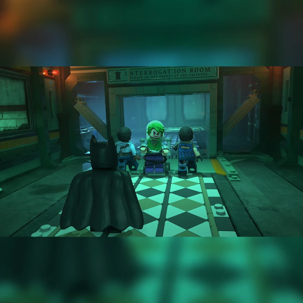 Videojogo LEGO Batman: O Legado do Cavaleiro das Trevas Standard PS5, em uso: Batman diante da sala de interrogatório