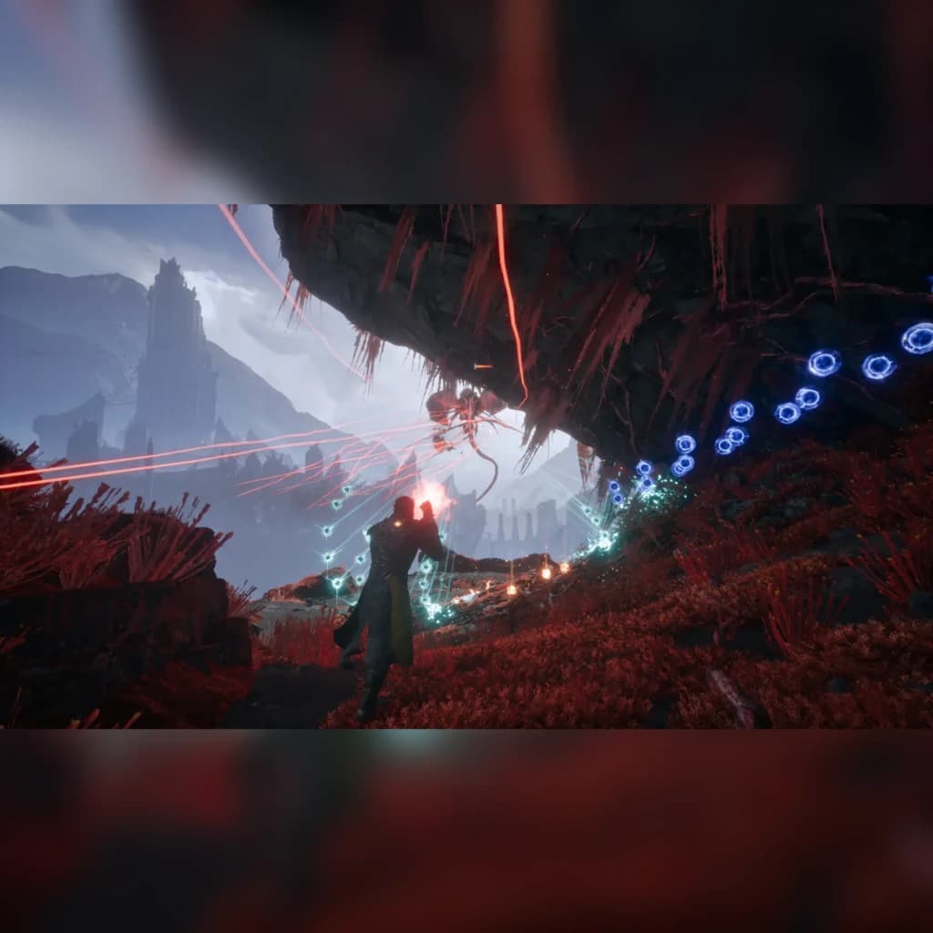 Videojogo Sony Saros Standard PS5, em uso: personagem lançando raios vermelhos contra criatura em cenário alienígena