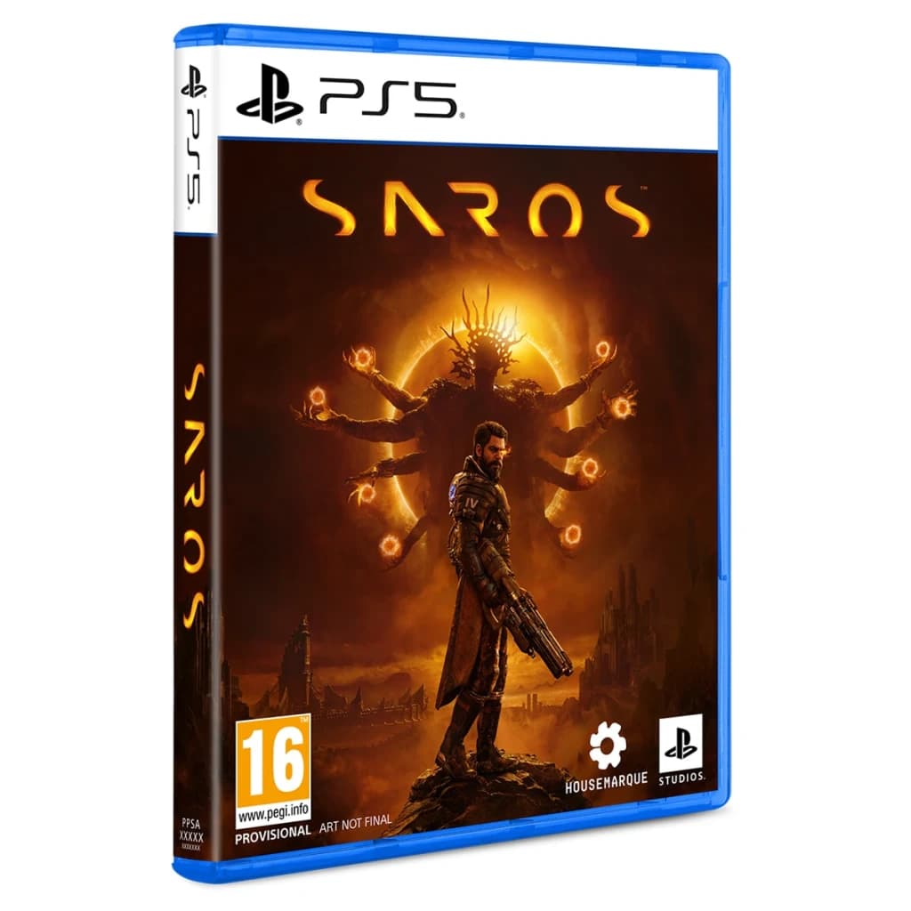 Videojogo Sony Saros Standard PS5, vista frontal: caixa azul com protagonista armado e criatura sombria na capa