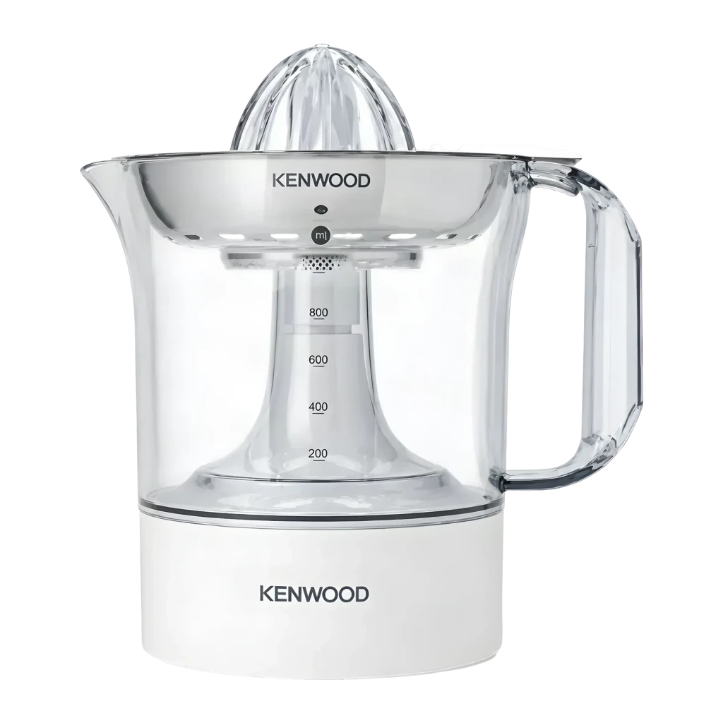 Exprimidor Kenwood JE290 1L 40W Blanco, vista frontal: cono exprimidor, jarra transparente con escala hasta 800ml y base