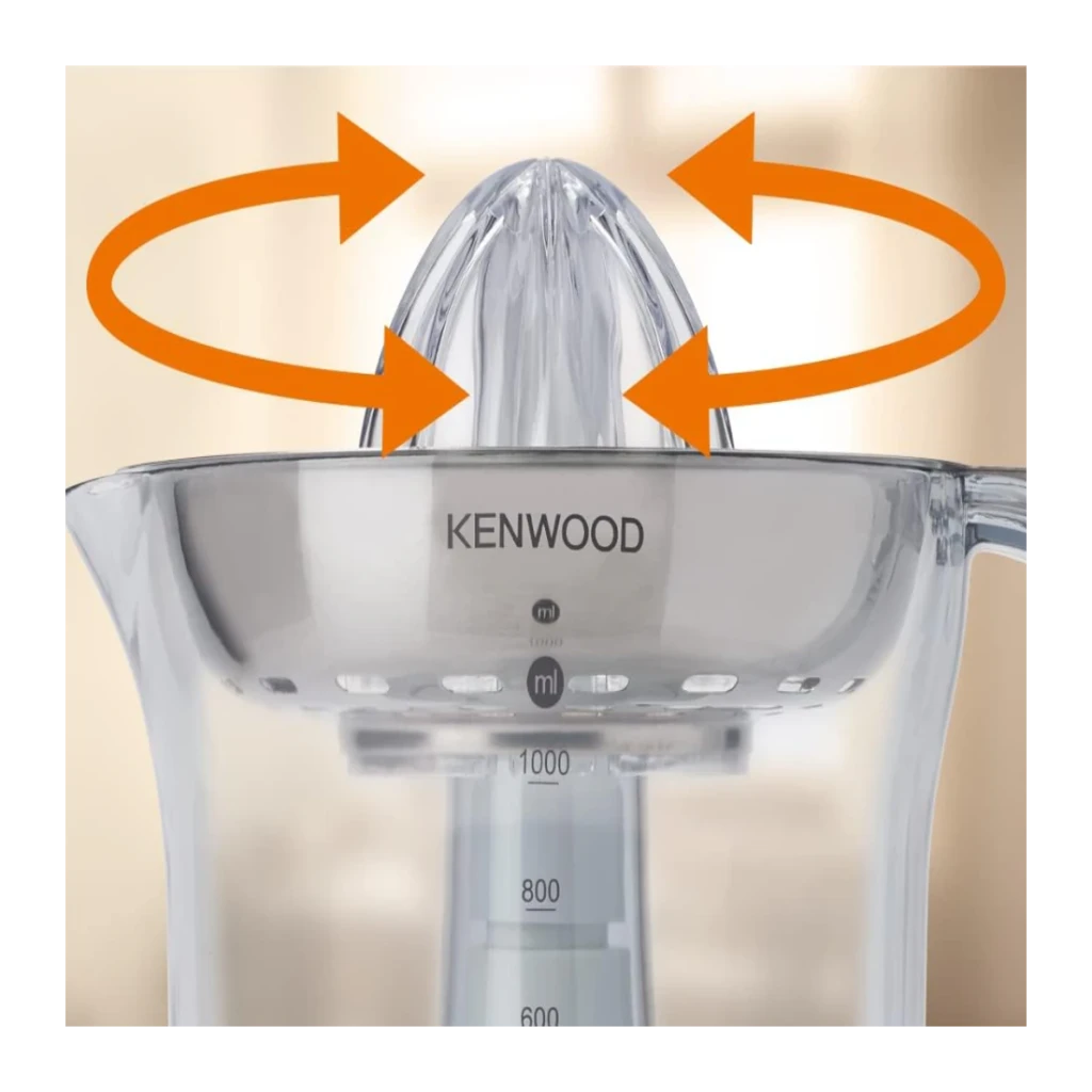 Exprimidor Kenwood JE290 1L 40W Blanco, detalle cono: flechas naranjas muestran rotación bidireccional del cono y jarra