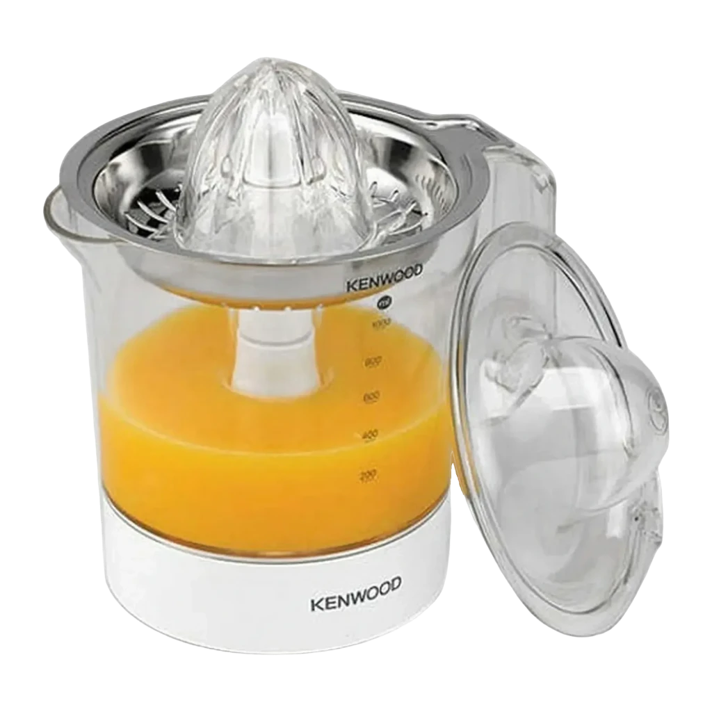 Exprimidor Kenwood JE290 1L 40W Blanco, detalle: jarra con zumo de naranja, escala graduada y tapa extraída