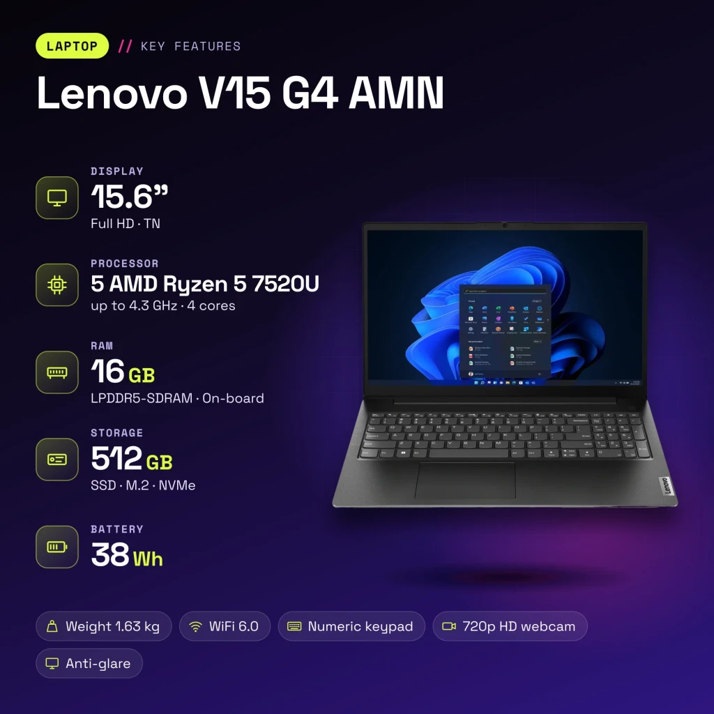 Portátil Lenovo V15 G4 AMN 16GB/512GB 15,6 pulgadas FHD AMD Ryzen 5 7520U SSD NVMe PCIe 4.0 Windows 11 Home Negro - características