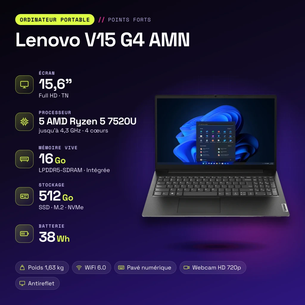 Portátil Lenovo V15 G4 AMN 16GB/512GB 15,6 pulgadas FHD AMD Ryzen 5 7520U SSD NVMe PCIe 4.0 Windows 11 Home Negro - características