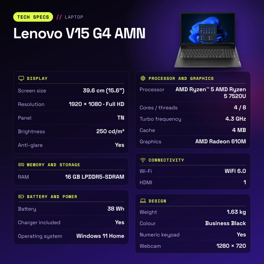 Portátil Lenovo V15 G4 AMN 16GB/512GB 15,6 pulgadas FHD AMD Ryzen 5 7520U SSD NVMe PCIe 4.0 Windows 11 Home Negro - características