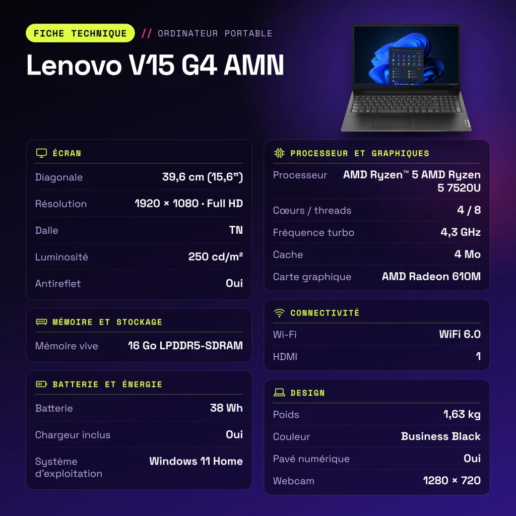 Portátil Lenovo V15 G4 AMN 16GB/512GB 15,6 pulgadas FHD AMD Ryzen 5 7520U SSD NVMe PCIe 4.0 Windows 11 Home Negro - características