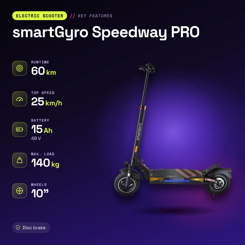 Patinete Eléctrico smartGyro Speedway PRO 800W 60km 25km/h 10 pulgadas Negro - características