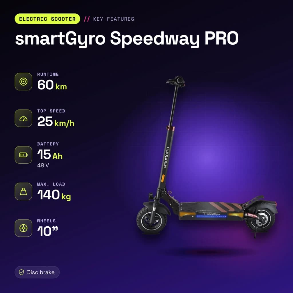 Patinete Eléctrico smartGyro Speedway PRO 800W 60km 25km/h 10 pulgadas Negro - características