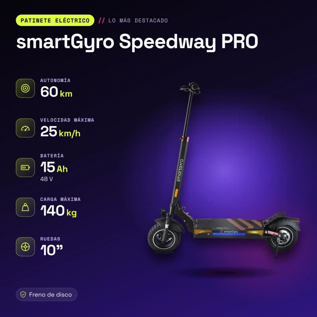 Patinete Eléctrico smartGyro Speedway PRO 800W 60km 25km/h 10 pulgadas Negro - características