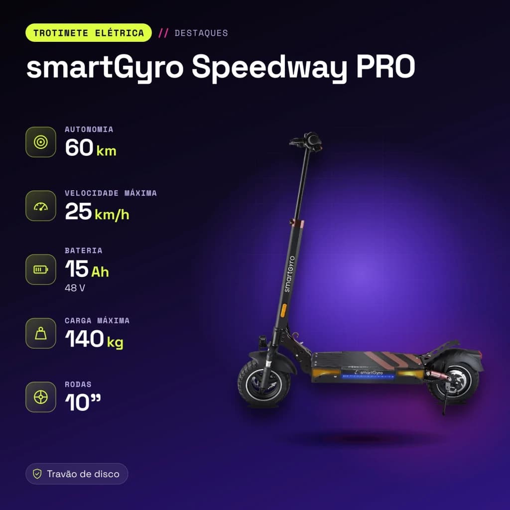 Patinete Eléctrico smartGyro Speedway PRO 800W 60km 25km/h 10 pulgadas Negro - características