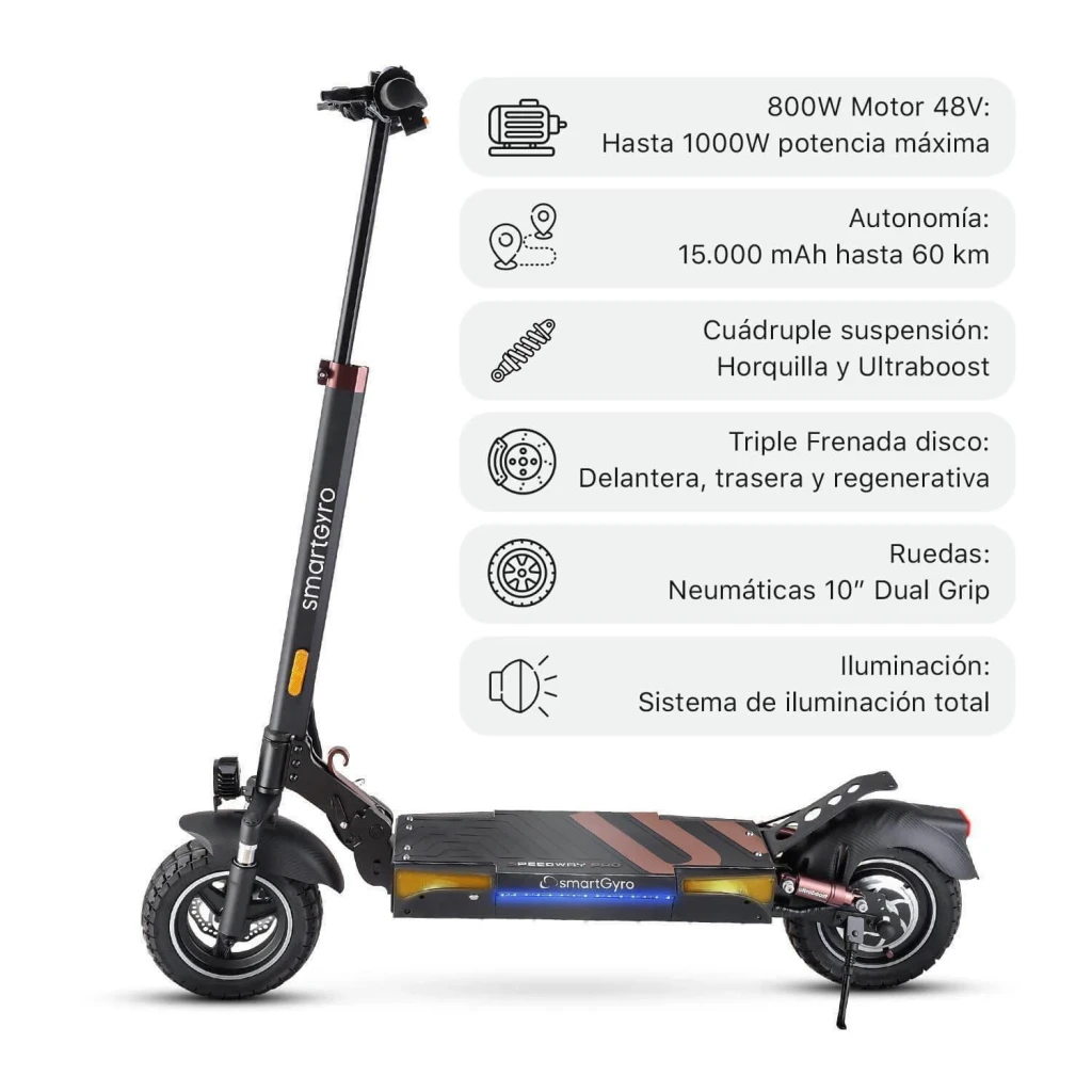Patinete Eléctrico smartGyro Speedway PRO 800W 60km 25km/h 10 pulgadas Negro, vista lateral con especificaciones: motor