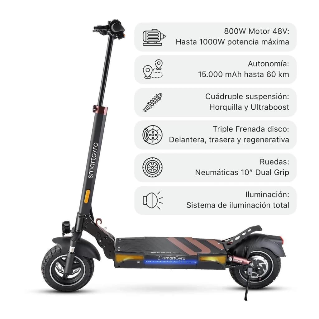Patinete Eléctrico smartGyro Speedway PRO 800W 60km 25km/h 10 pulgadas Negro, vista lateral con especificaciones: motor