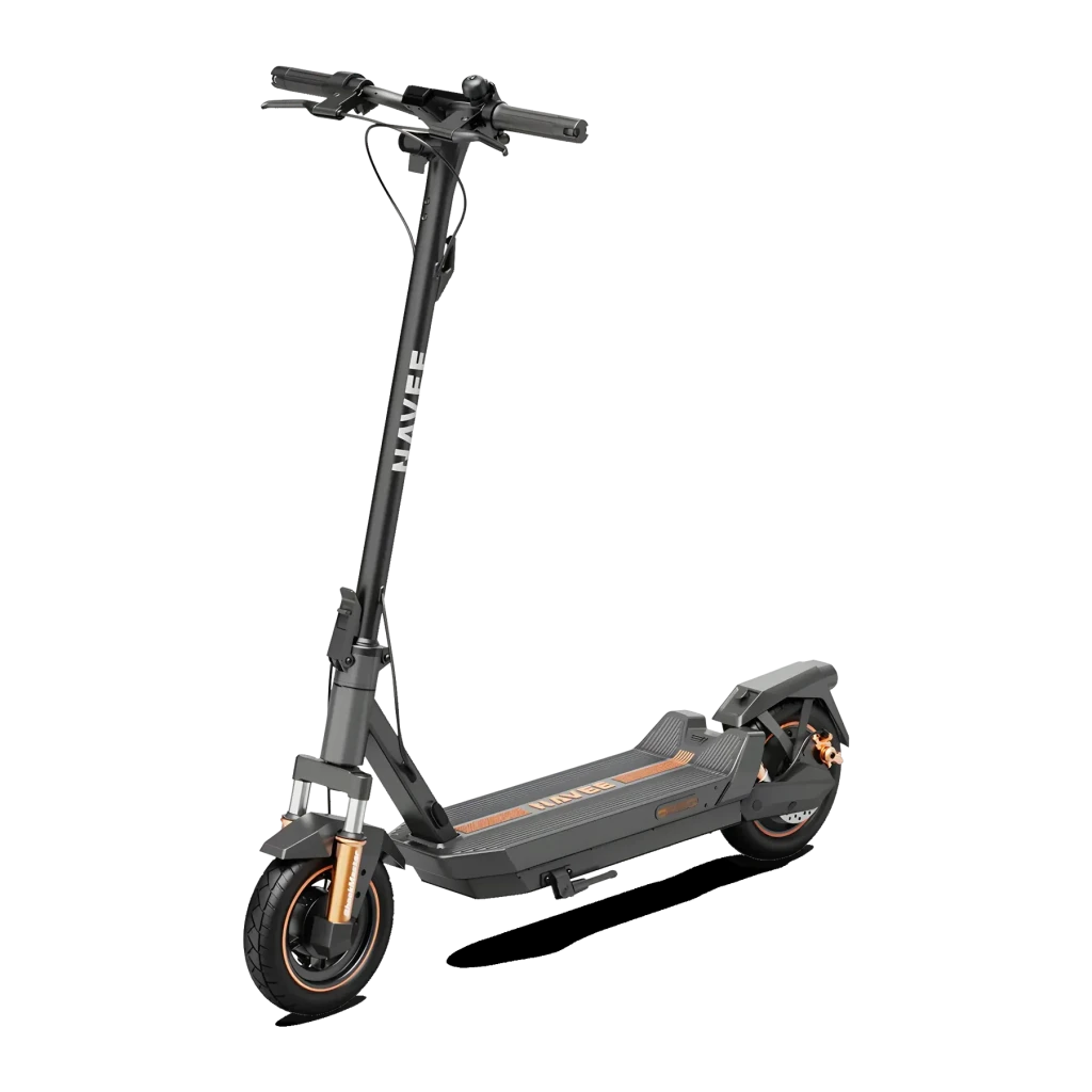 Patinete eléctrico NAVEE GT5 Max 700W 90km 25km/h 10 pulgadas Gris, vista frontal: manillar, horquilla delantera y deck