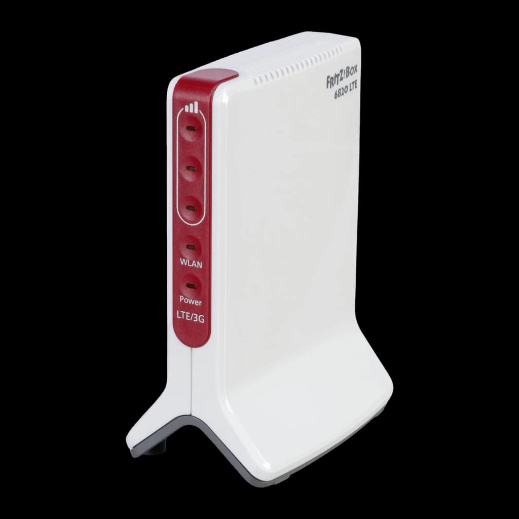 Router AVM FRITZ!Box 6820 LTE Branco Wi-Fi 4 2,4GHz 450Mbps Banda única, vista frontal lateral: LEDs WLAN, Power e LTE/3G