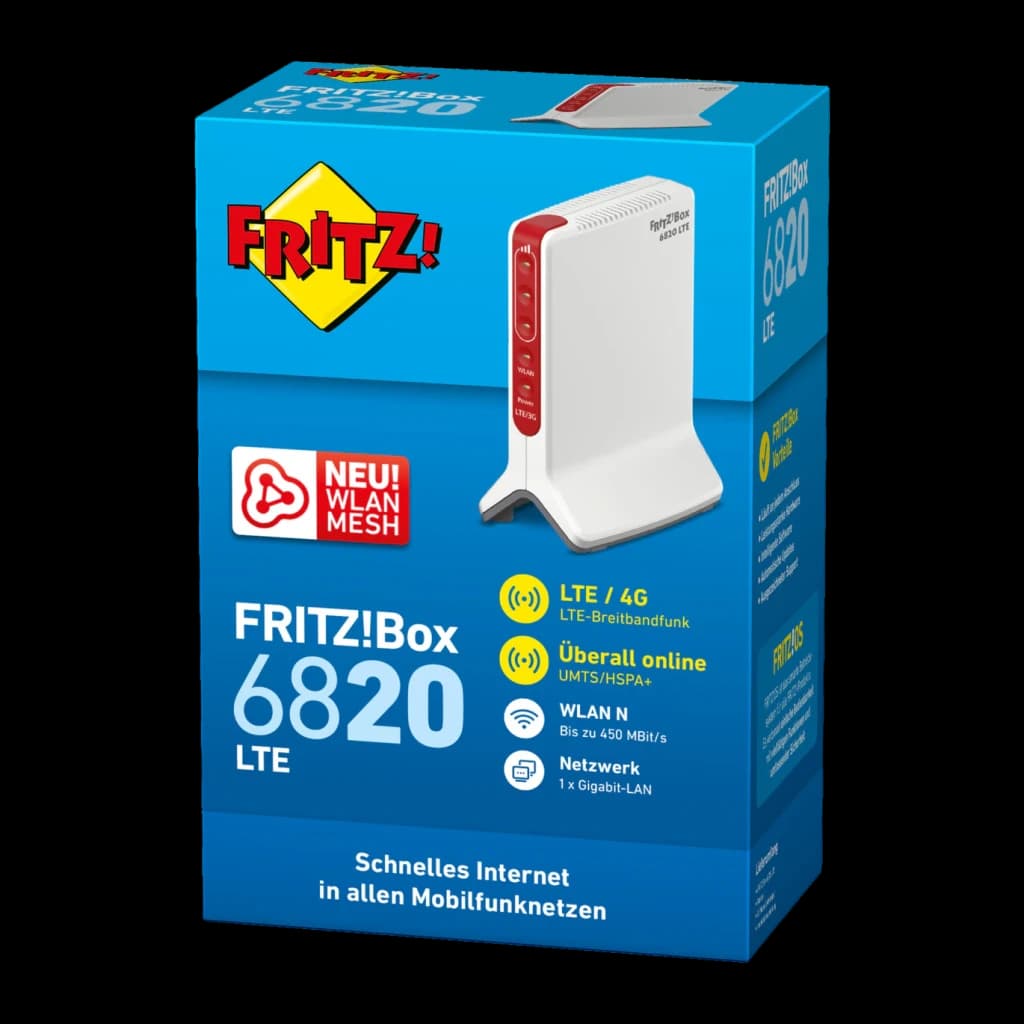 Router AVM FRITZ!Box 6820 LTE Branco Wi-Fi 4 2,4GHz 450Mbps Banda única, caixa: embalagem azul com router branco e vermelho