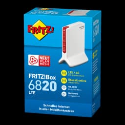 Router AVM FRITZ!Box 6820 LTE Branco Wi-Fi 4 2,4GHz 450Mbps Banda única, caixa: embalagem azul com router branco e vermelho