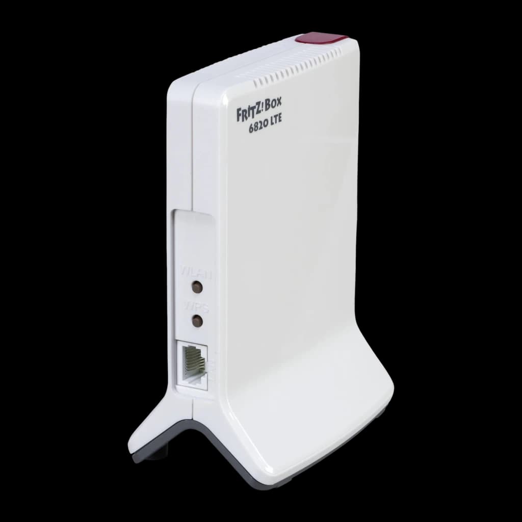 Router AVM FRITZ!Box 6820 LTE Branco Wi-Fi 4 2,4GHz 450Mbps Banda única, vista lateral: logo, LEDs WLAN e WPS, porta RJ45