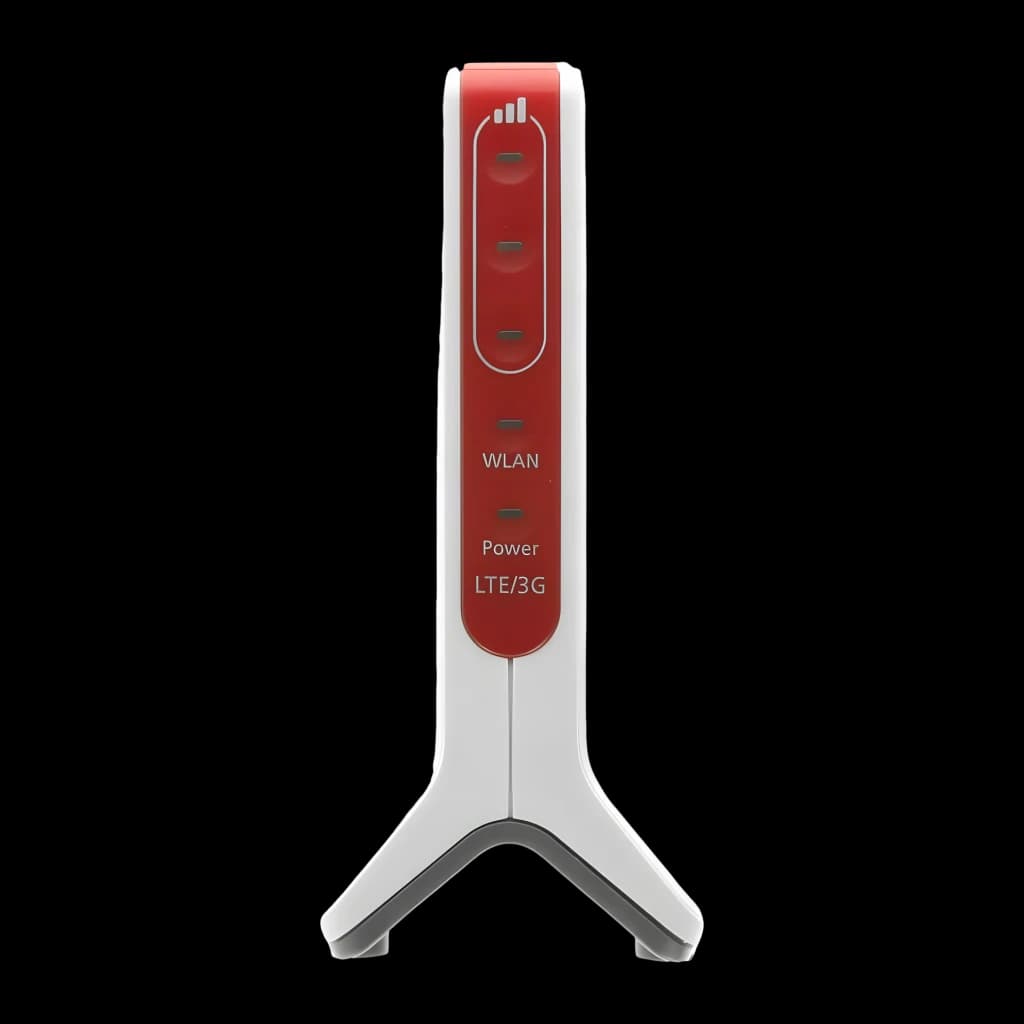 Router AVM FRITZ!Box 6820 LTE Branco Wi-Fi 4 2,4GHz 450Mbps Banda única, vista frontal: painel vermelho com LEDs WLAN, Power