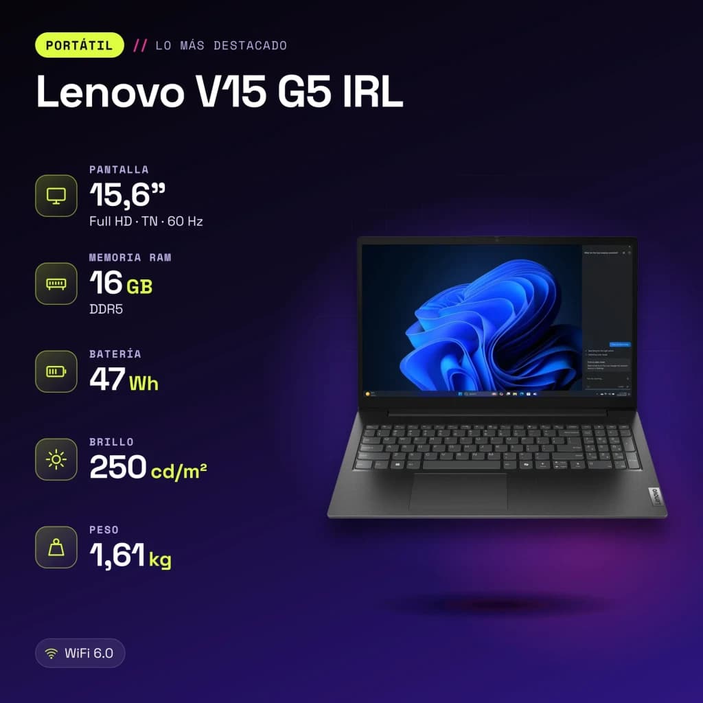 Portátil Lenovo V15 G5 IRL 16GB/512GB SSD 15,6 polegadas FHD Intel Core 5 210H NVMe PCIe 4.0 Sem Sistema Operativo Preto - características
