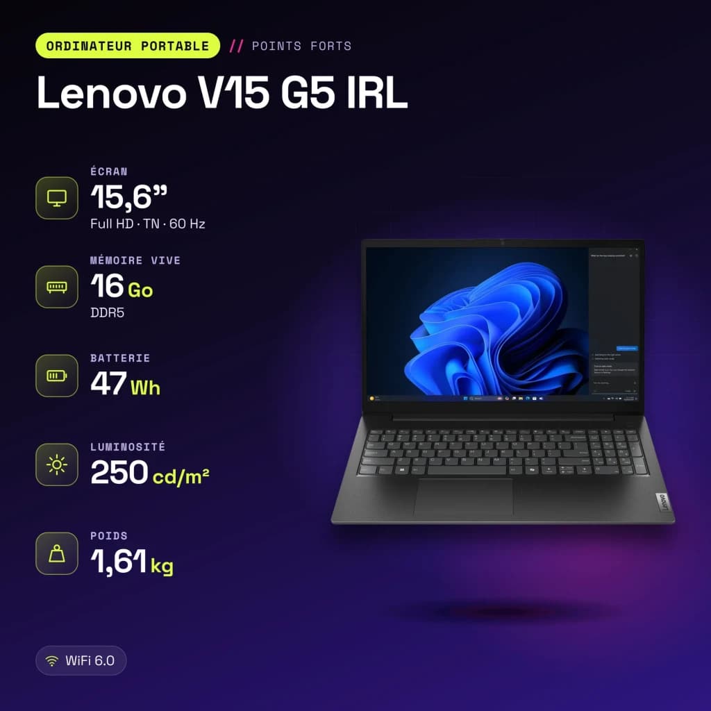 Portátil Lenovo V15 G5 IRL 16GB/512GB SSD 15,6 polegadas FHD Intel Core 5 210H NVMe PCIe 4.0 Sem Sistema Operativo Preto - características