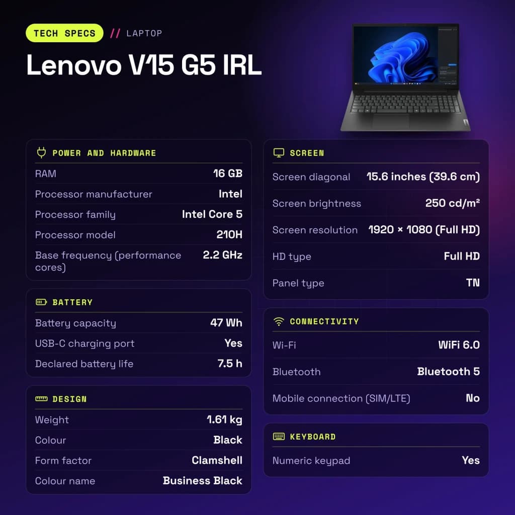 Portátil Lenovo V15 G5 IRL 16GB/512GB SSD 15,6 polegadas FHD Intel Core 5 210H NVMe PCIe 4.0 Sem Sistema Operativo Preto - características